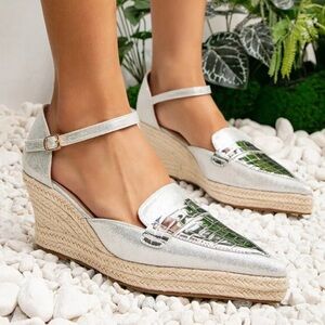 Silver Wedge Espadrille Shoes Women Point Toe Glitter Espadrille Detail